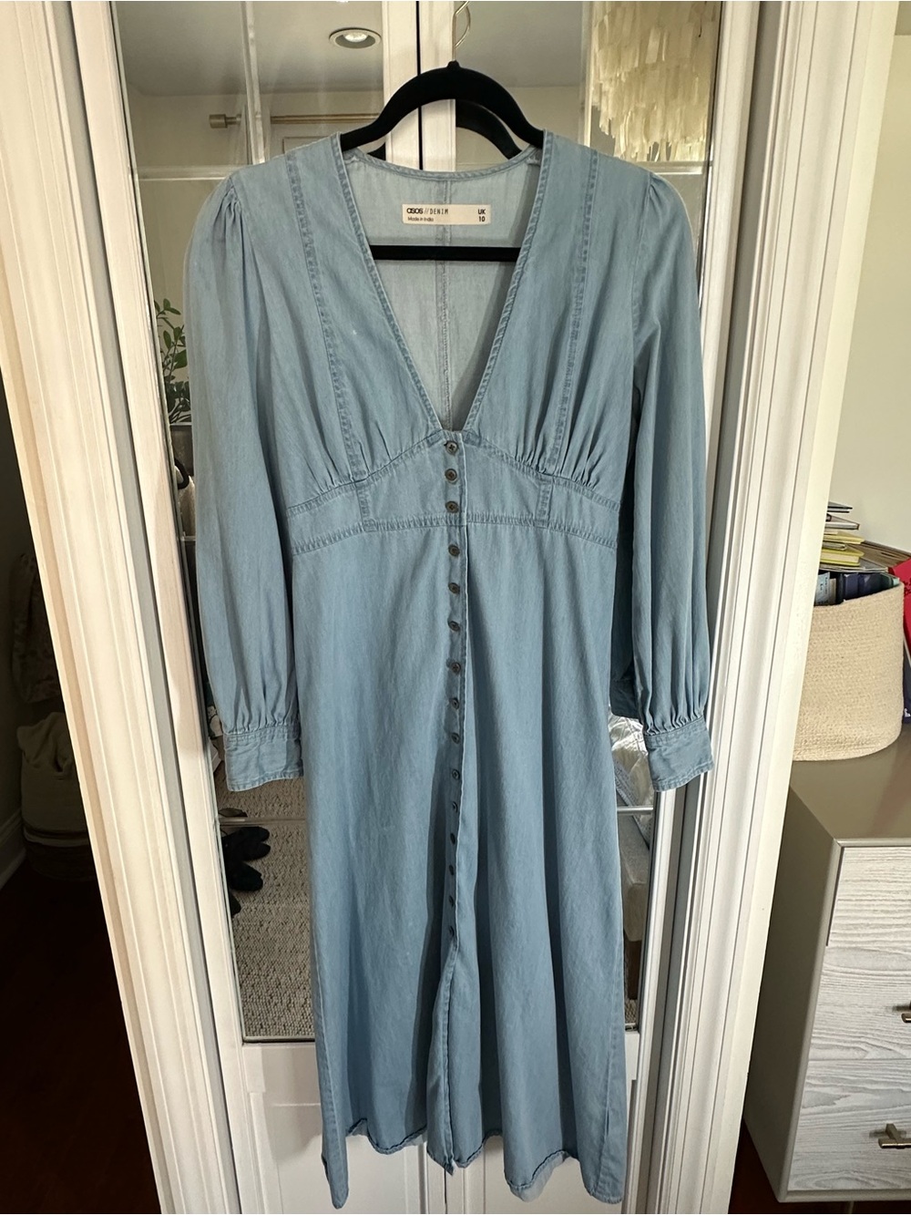 Light Blue Denim Button-Front Midi Dress